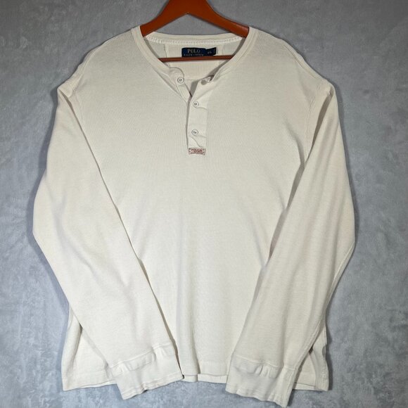 Polo Ralph Lauren Shirt Mens XXL Cream Long Sleeve Thermal Henley 3 Button Logo - Picture 1 of 9